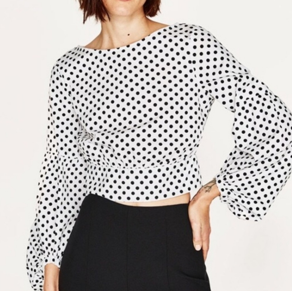 Zara Polka Dot Tie Back Puff Sleeve Arm Blouse